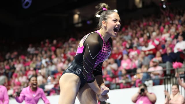 Gabby Gladieux on floor in Power of Pink meet